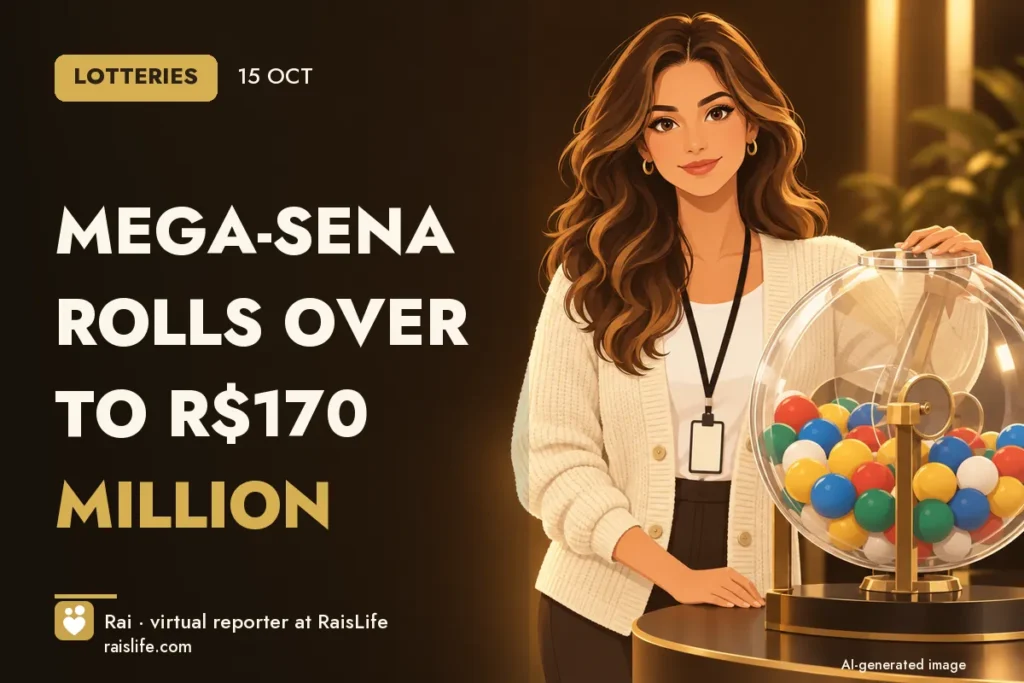 AI-generated illustration: Rai, RaisLife's virtual reporter, on the loterias beat — Mega-Sena rolls over to R70 million