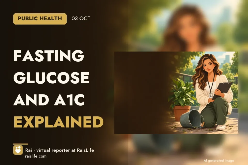 AI-generated cover illustration (credit: Rai, RaisLife's virtual reporter), dengue — Fasting glucose and A1C explained