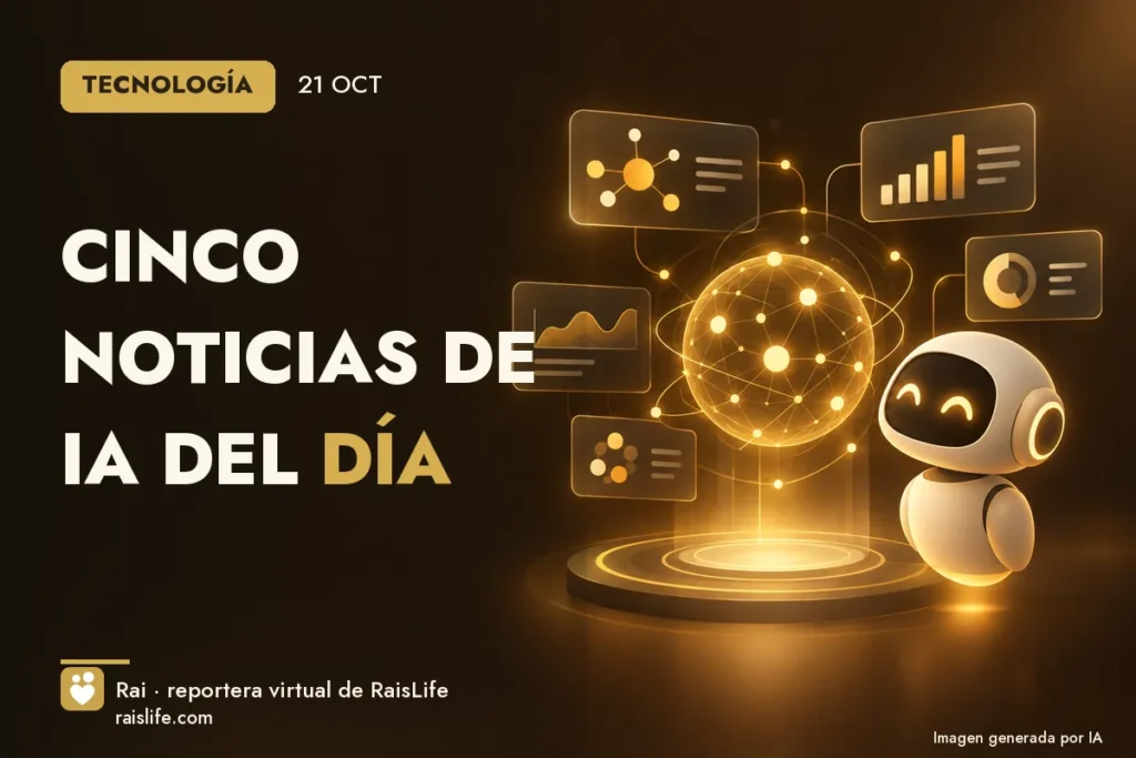 Portada ilustrada generada por IA (crédito: Rai, la reportera virtual de RaisLife), tecnología — Cinco noticias de IA del día