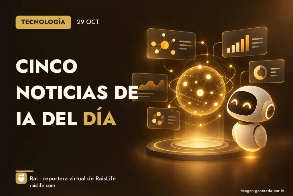 Portada ilustrada generada por IA (crédito: Rai, la reportera virtual de RaisLife), tecnología — Cinco noticias de IA del día