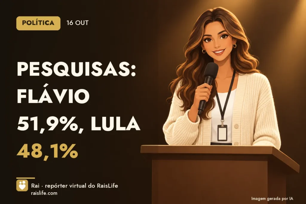 Ilustração gerada por IA: Rai, a repórter virtual do RaisLife, apurando a média das pesquisas presidenciais — Flávio 51,9%, Lula 48,1%