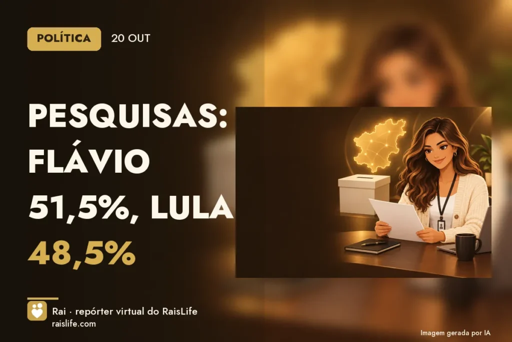 Ilustração gerada por IA: Rai, a repórter virtual do RaisLife, apurando a média das pesquisas presidenciais — Flávio 51,5%, Lula 48,5%