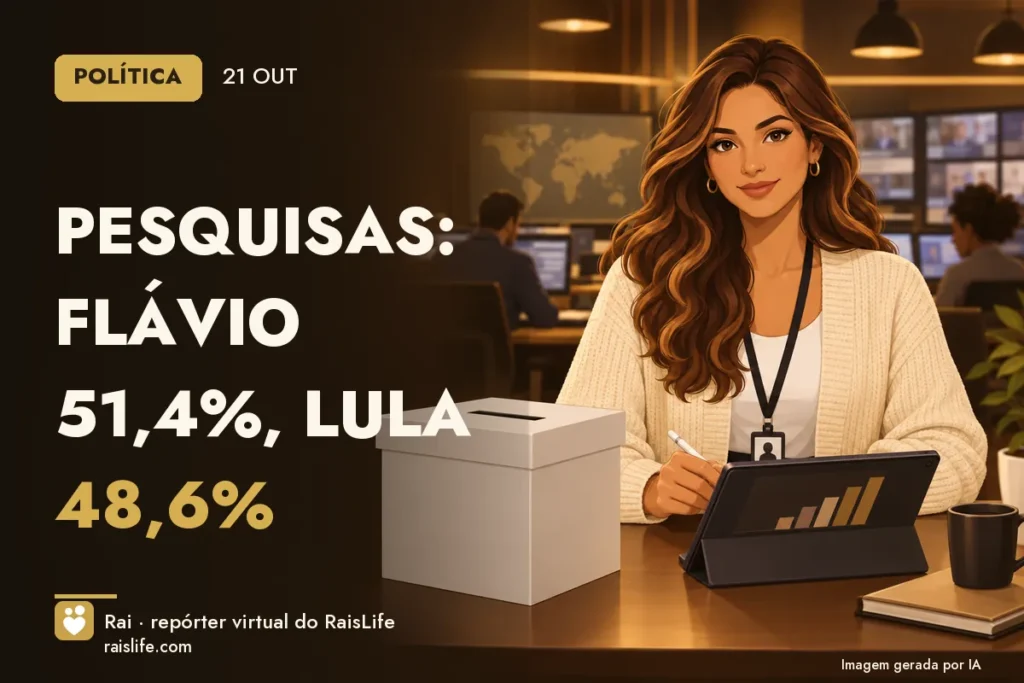 Ilustração gerada por IA: Rai, a repórter virtual do RaisLife, apurando a média das pesquisas presidenciais — Flávio 51,4%, Lula 48,6%