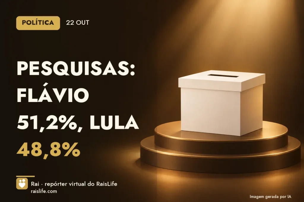 Ilustração gerada por IA: urna eleitoral, sem pessoas — Flávio 51,2%, Lula 48,8%