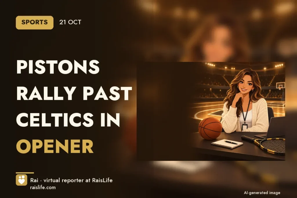 AI-generated cover illustration (credit: Rai, RaisLife's virtual reporter), esportes — Pistons rally past Celtics in opener