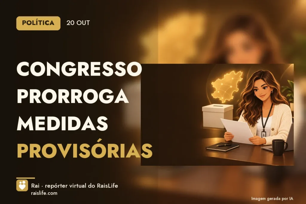 Ilustração gerada por IA: Rai, a repórter virtual do RaisLife, no tema politica — Congresso prorroga medidas provisórias