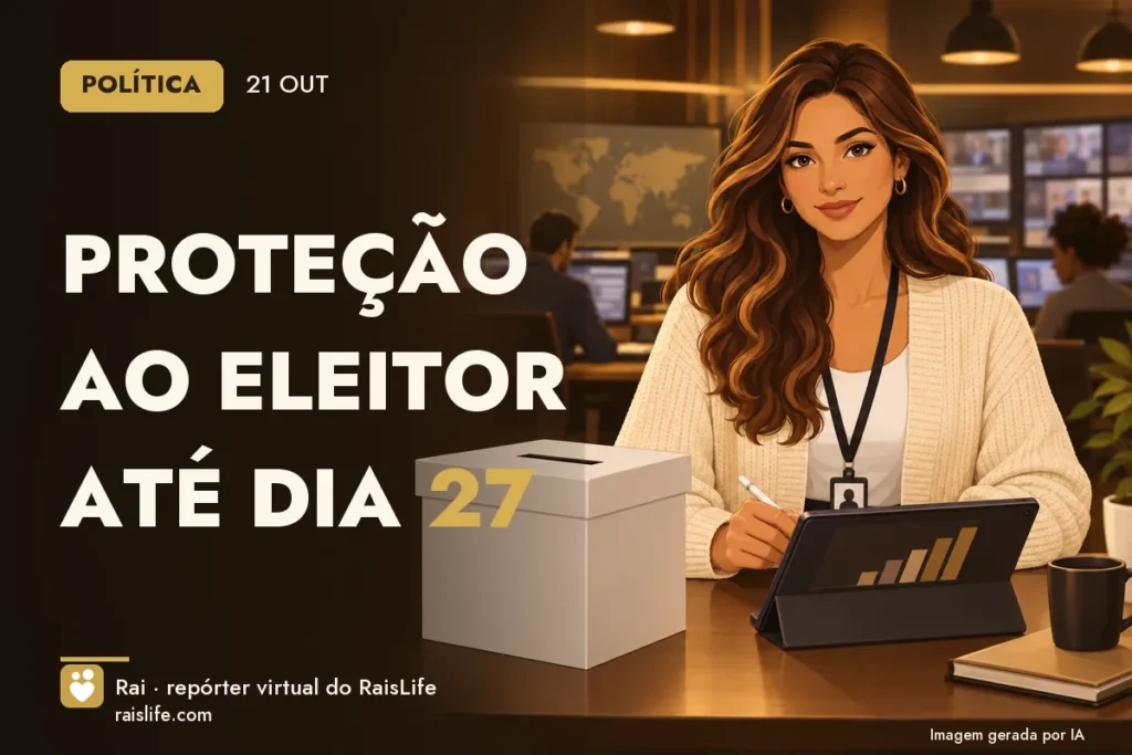 Ilustração gerada por IA: Rai, a repórter virtual do RaisLife, no tema politica — Proteção ao eleitor até dia 27