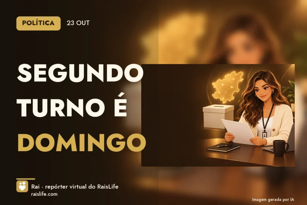 Ilustração gerada por IA: Rai, a repórter virtual do RaisLife, no tema politica — Segundo turno é domingo