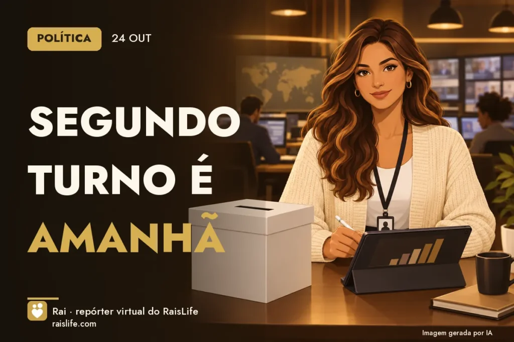 Ilustração gerada por IA: Rai, a repórter virtual do RaisLife, no tema politica — Segundo turno é amanhã