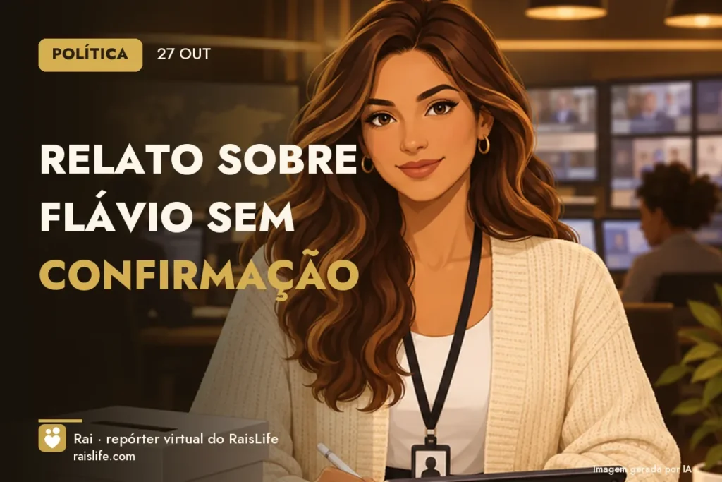 Ilustração gerada por IA: Rai, a repórter virtual do RaisLife, no tema politica — Relato sobre Flávio sem confirmação