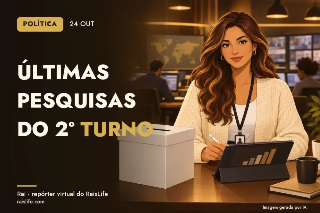 Ilustração gerada por IA: Rai, a repórter virtual do RaisLife, no tema politica — Últimas pesquisas do 2º turno