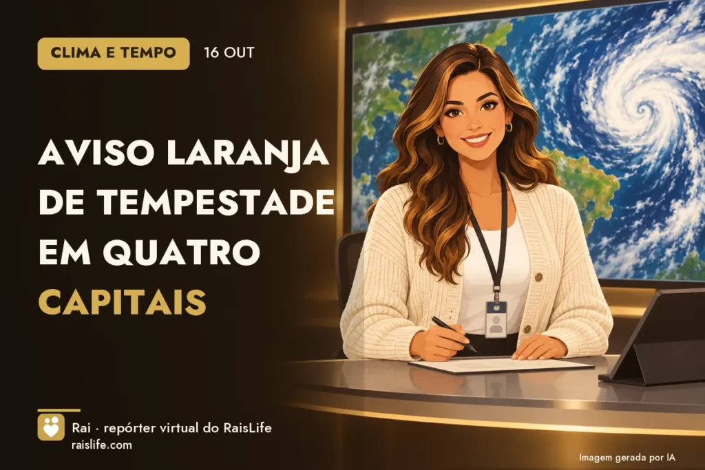 Ilustração gerada por IA: Rai, a repórter virtual do RaisLife, no tema clima — Aviso laranja de tempestade em quatro capitais