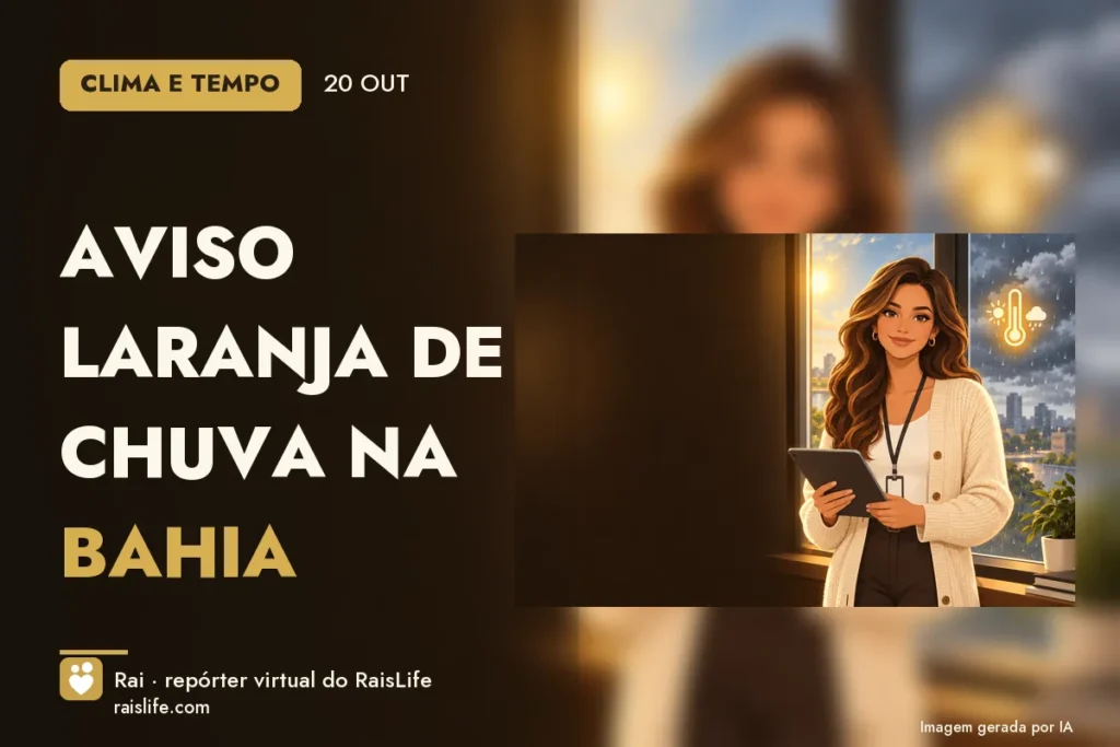 Ilustração gerada por IA: Rai, a repórter virtual do RaisLife, no tema clima — Aviso laranja de chuva na Bahia