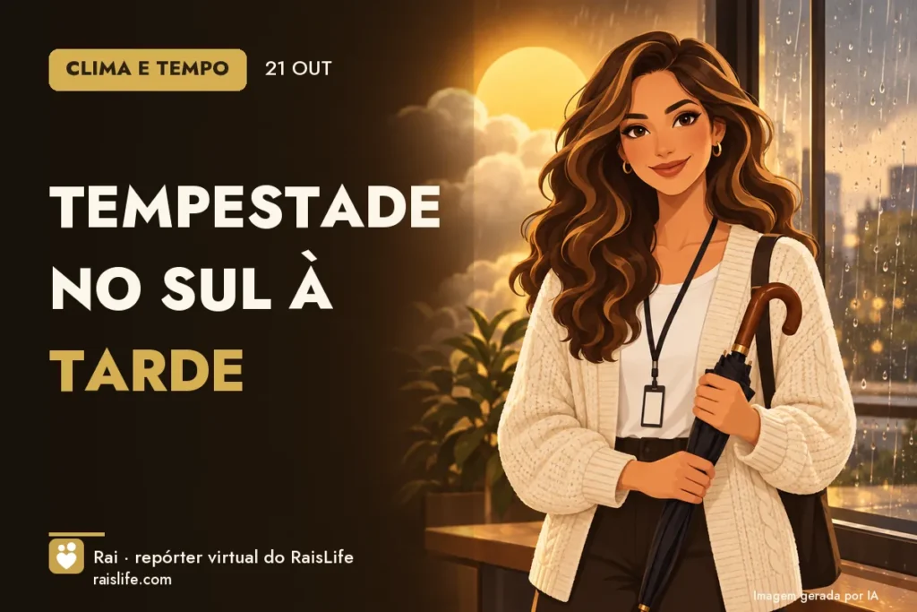 Ilustração gerada por IA: Rai, a repórter virtual do RaisLife, no tema clima — Tempestade no Sul à tarde