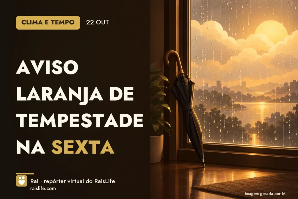 Ilustração gerada por IA: objetos do tema clima, sem pessoas — Aviso laranja de tempestade na sexta
