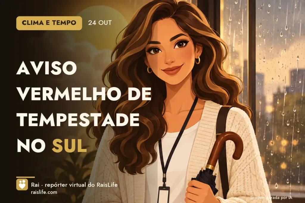 Ilustração gerada por IA: Rai, a repórter virtual do RaisLife, no tema clima — Aviso vermelho de tempestade no Sul