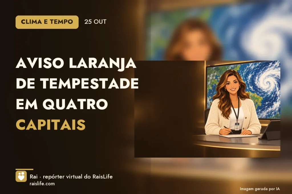 Ilustração gerada por IA: Rai, a repórter virtual do RaisLife, no tema clima — Aviso laranja de tempestade em quatro capitais