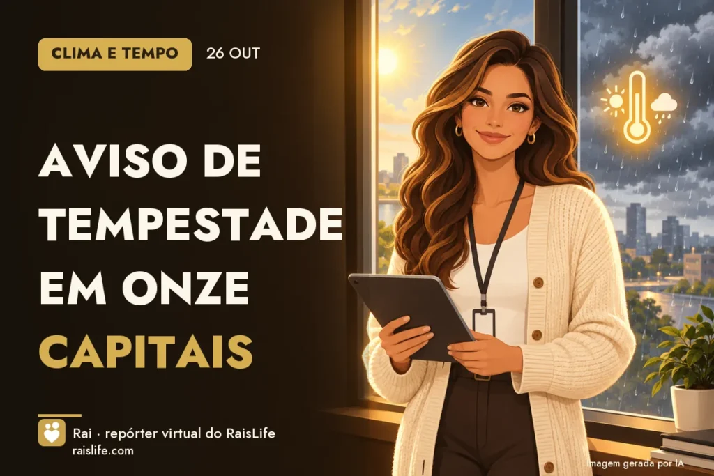 Ilustração gerada por IA: Rai, a repórter virtual do RaisLife, no tema clima — Aviso de tempestade em onze capitais