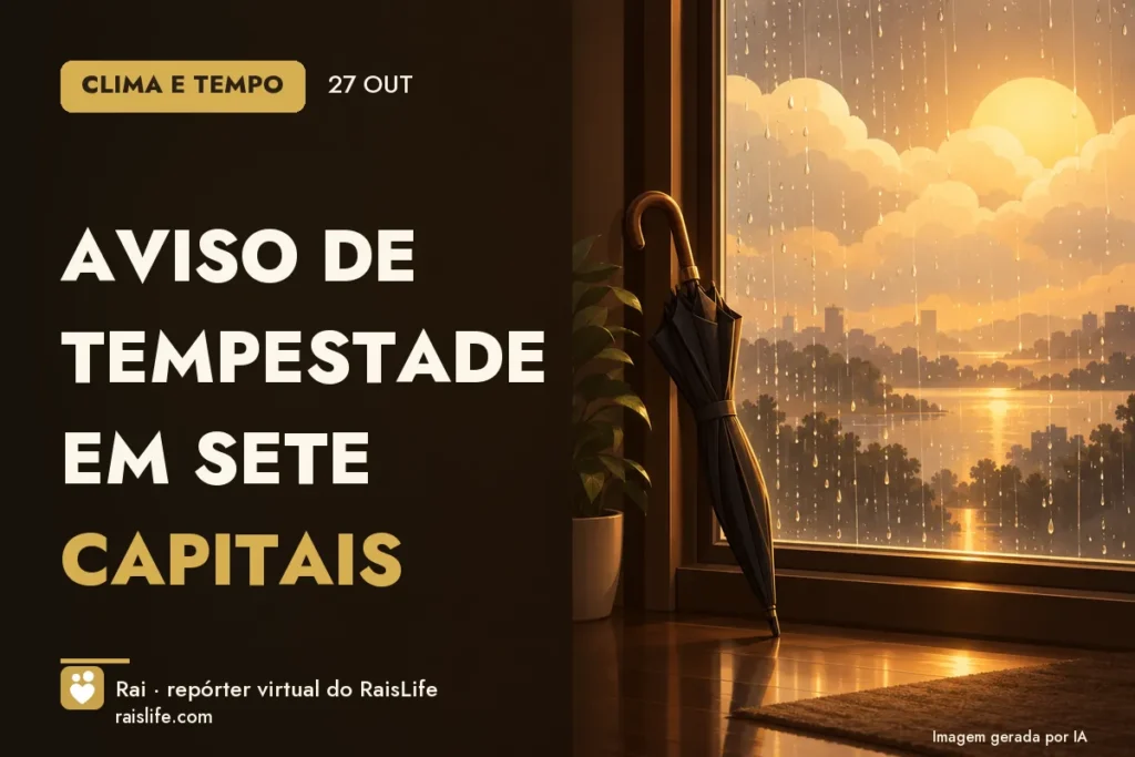 Ilustração gerada por IA: objetos do tema clima, sem pessoas — Aviso de tempestade em sete capitais