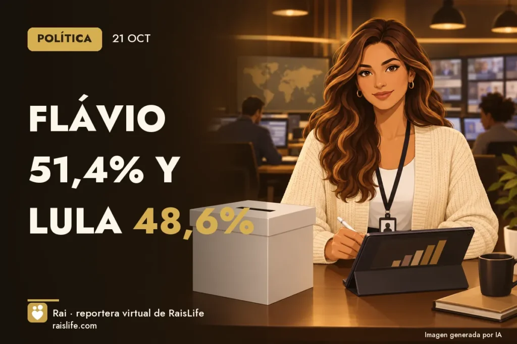 Portada ilustrada generada por IA (crédito: Rai, la reportera virtual de RaisLife), política — Flávio 51,4% y Lula 48,6%