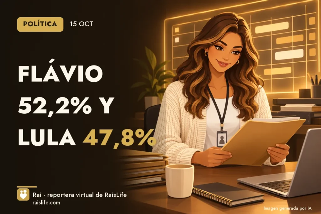 Ilustración generada por IA: Rai, la reportera virtual de RaisLife, en el tema politica — Flávio 52,2% y Lula 47,8%