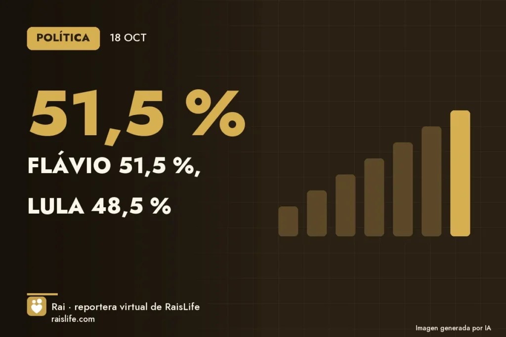 Portada ilustrada generada por IA (crédito: Rai, la reportera virtual de RaisLife), política — Flávio 51,5 %, Lula 48,5 %