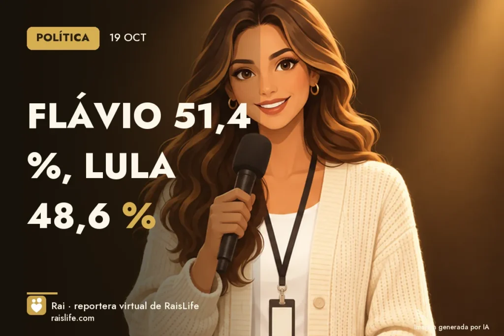 Portada ilustrada generada por IA (crédito: Rai, la reportera virtual de RaisLife), política — Flávio 51,4 %, Lula 48,6 %