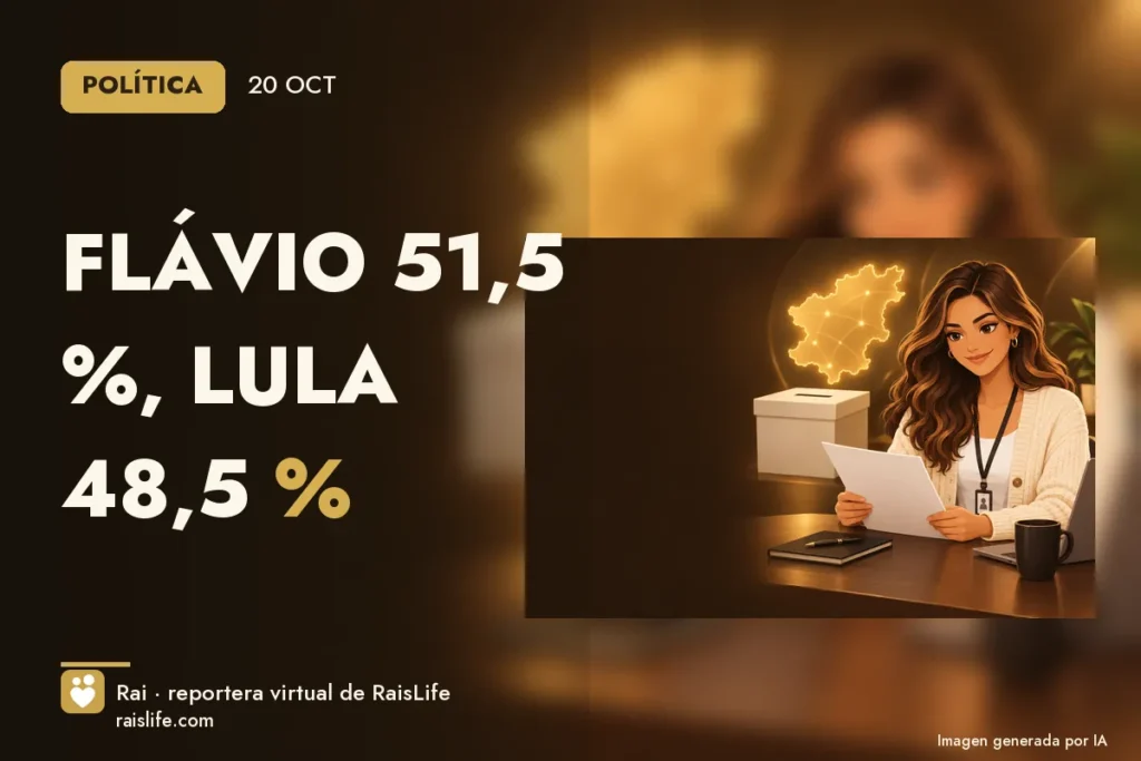 Portada ilustrada generada por IA (crédito: Rai, la reportera virtual de RaisLife), política — Flávio 51,5 %, Lula 48,5 %