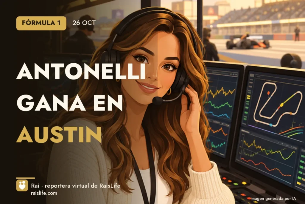 Portada ilustrada generada por IA (crédito: Rai, la reportera virtual de RaisLife), formula-1 — Antonelli gana en Austin