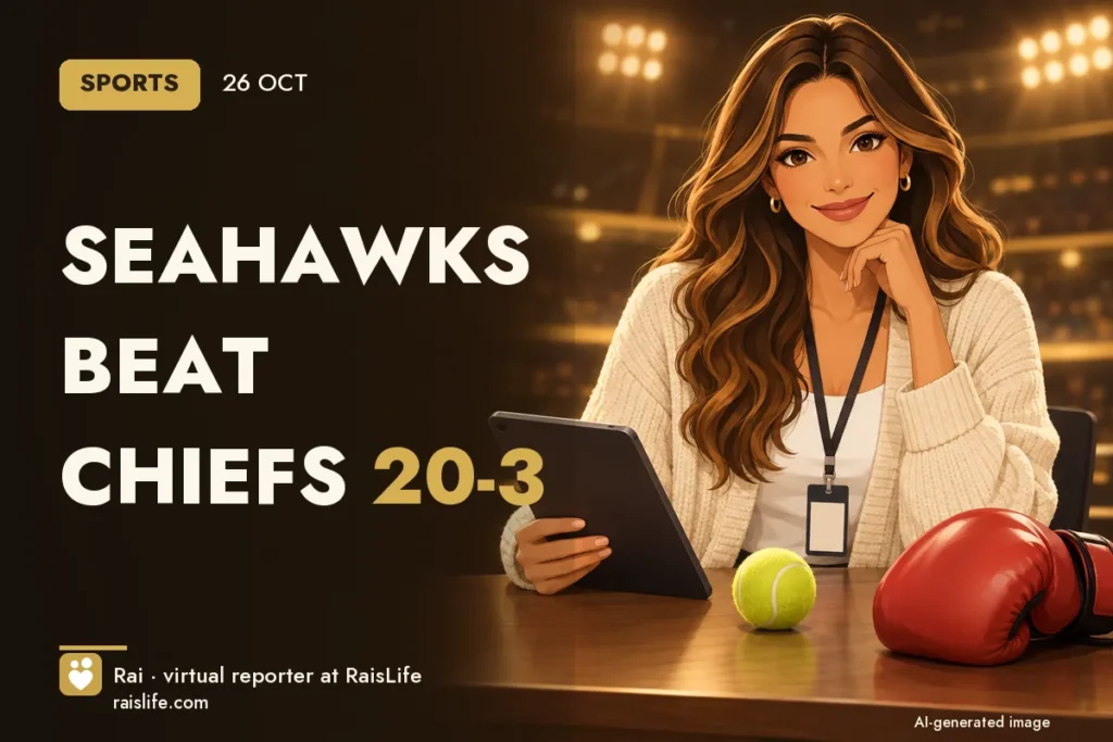 AI-generated cover illustration (credit: Rai, RaisLife's virtual reporter), esportes — Seahawks beat Chiefs 20-3