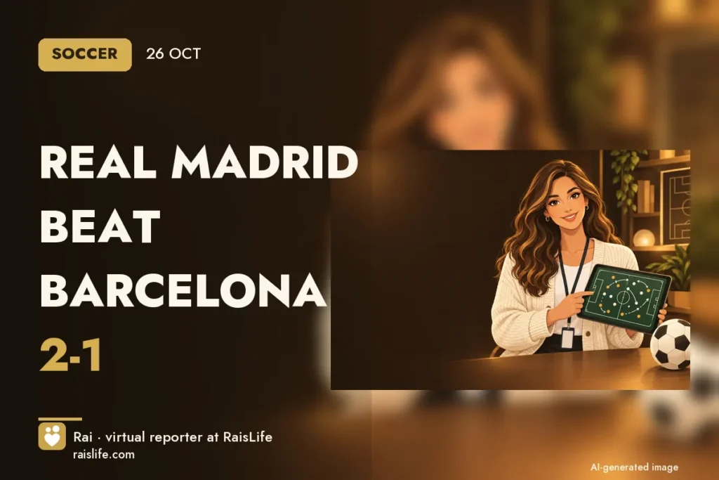 AI-generated cover illustration (credit: Rai, RaisLife's virtual reporter), soccer — Real Madrid beat Barcelona 2-1