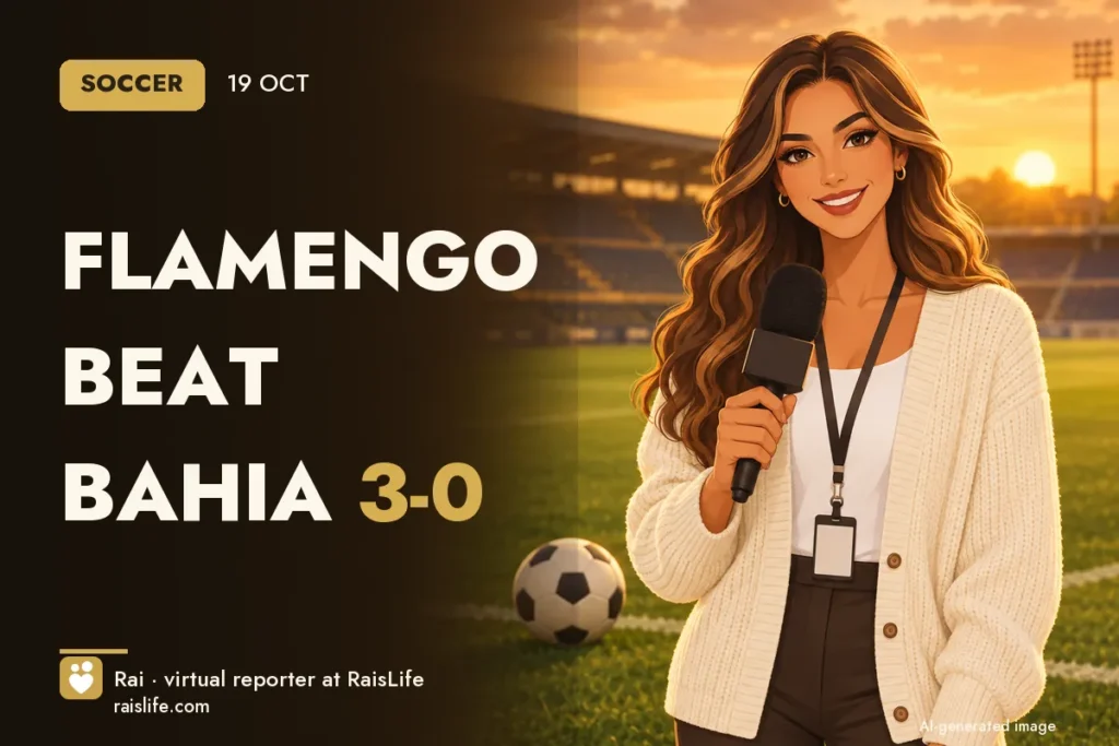 AI-generated cover illustration (credit: Rai, RaisLife's virtual reporter), soccer — Flamengo beat Bahia 3-0