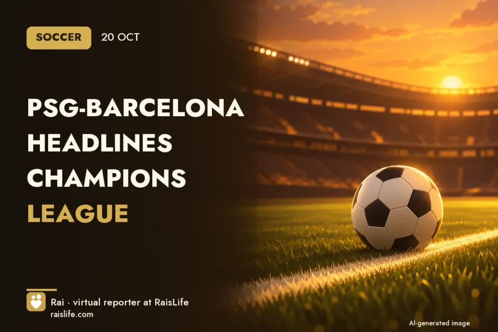 AI-generated cover illustration (credit: Rai, RaisLife's virtual reporter), soccer — PSG-Barcelona headlines Champions League