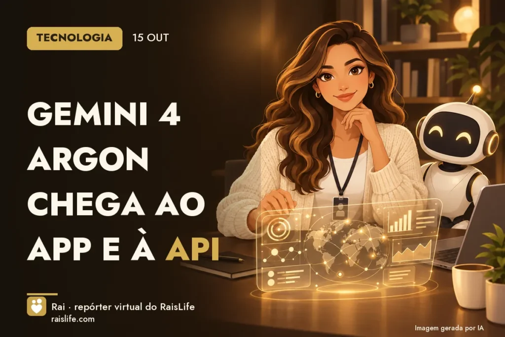Ilustração gerada por IA: Rai, a repórter virtual do RaisLife, no tema tecnologia — Gemini 4 Argon chega ao app e à API