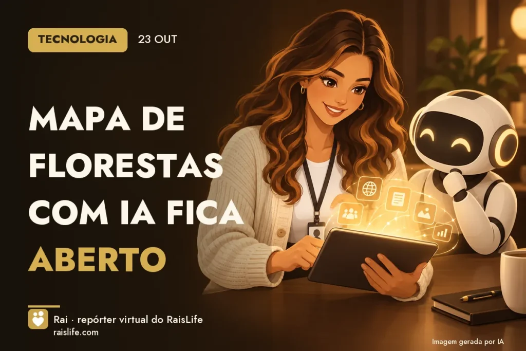 Ilustração gerada por IA: Rai, a repórter virtual do RaisLife, no tema tecnologia — Mapa de florestas com IA fica aberto