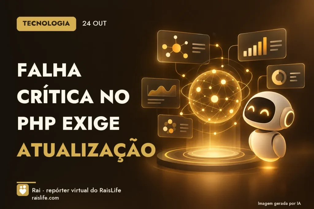 Ilustração gerada por IA: objetos do tema tecnologia, sem pessoas — Falha crítica no PHP exige atualização