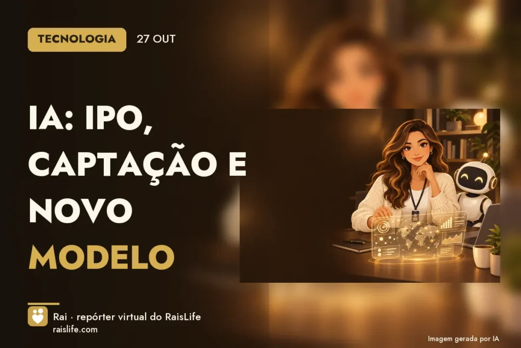 Ilustração gerada por IA: Rai, a repórter virtual do RaisLife, no tema tecnologia — IA: IPO, captação e novo modelo