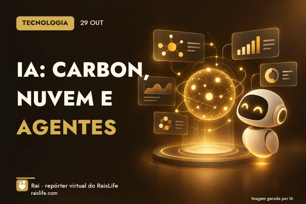 Ilustração gerada por IA: objetos do tema tecnologia, sem pessoas — IA: Carbon, nuvem e agentes