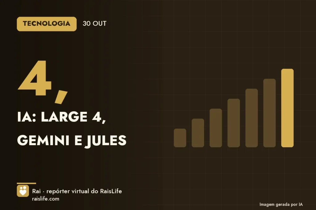 Cartão de dados gerado por IA com o destaque do dia — IA: Large 4, Gemini e Jules
