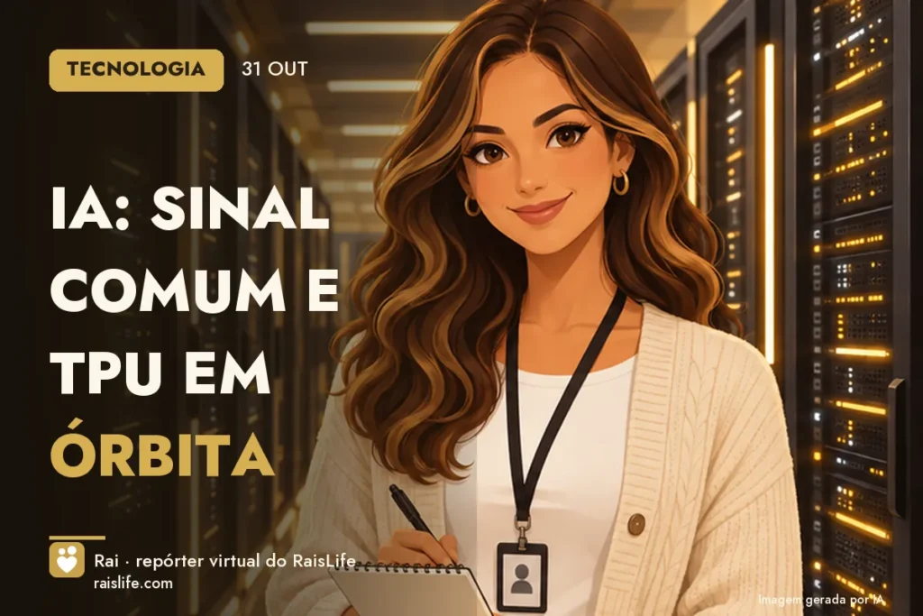 Ilustração gerada por IA: Rai, a repórter virtual do RaisLife, no tema tecnologia — IA: sinal comum e TPU em órbita